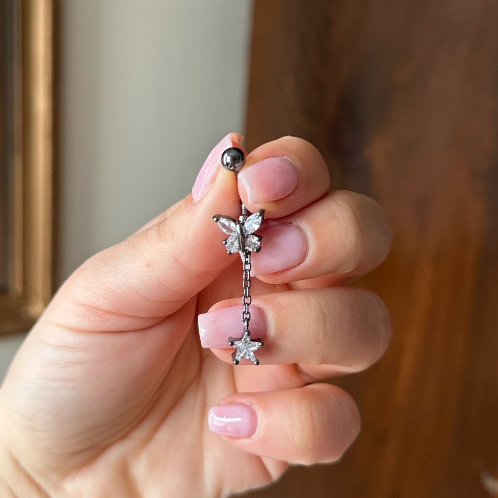 CZ stainless steel butterfly dangle gunmetal belly button ring